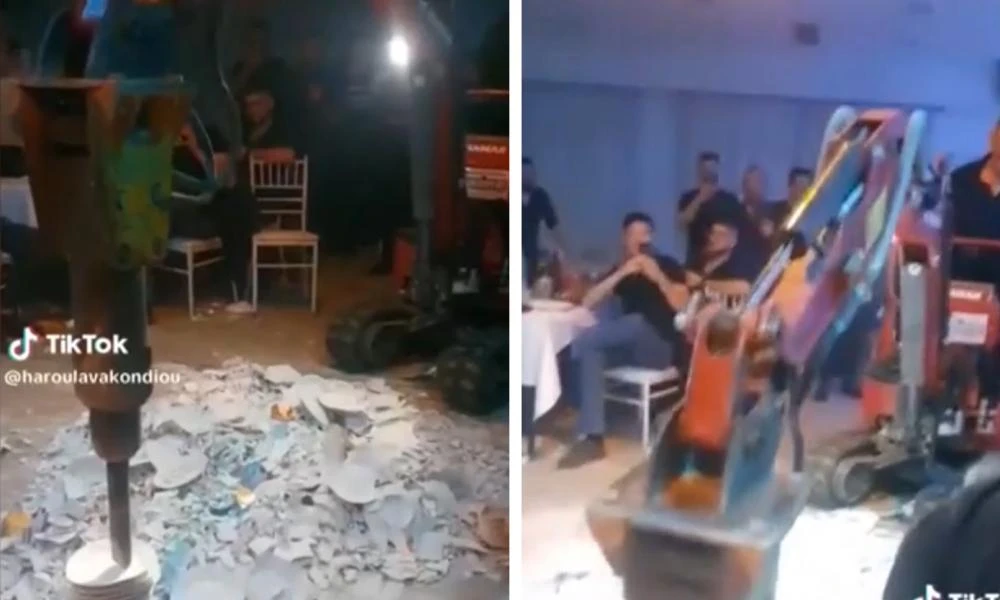Απίστευτο! Σπάσιμο πιάτων με σκαπτικό μηχάνημα σε κέντρο διασκέδασης στη Σύρο